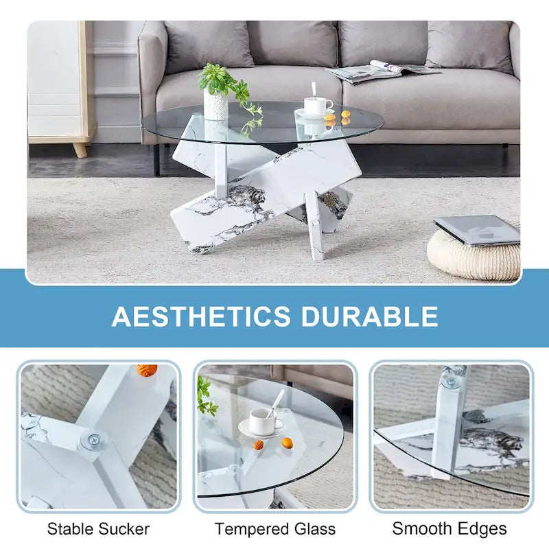 Table basse ronde moderne en verre avec plateau en verre trempé et pieds en MDF