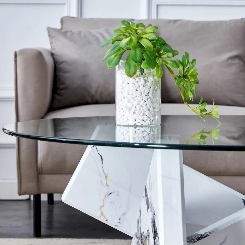 Table basse ronde moderne en verre avec plateau en verre trempé et pieds en MDF