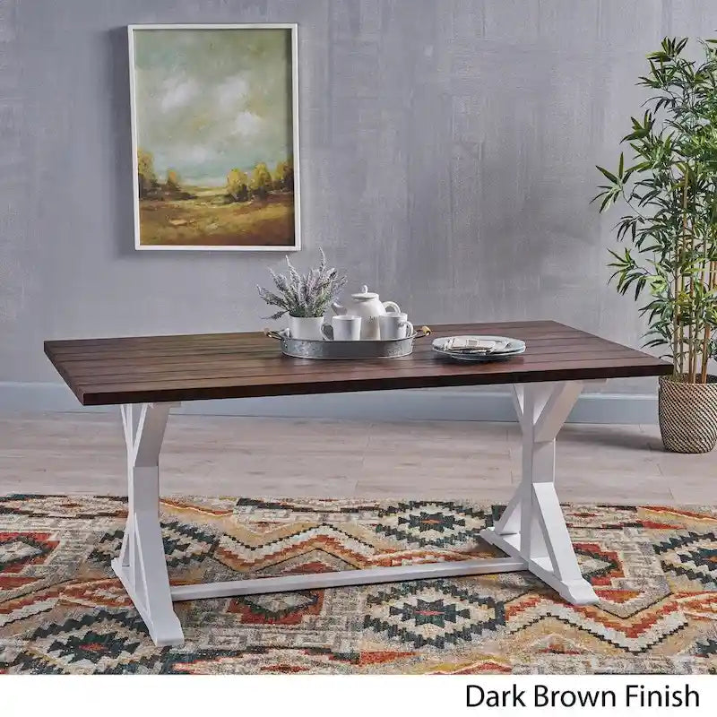 Table à manger traditionnelle de ferme en acacia massif marron foncé et blanc
