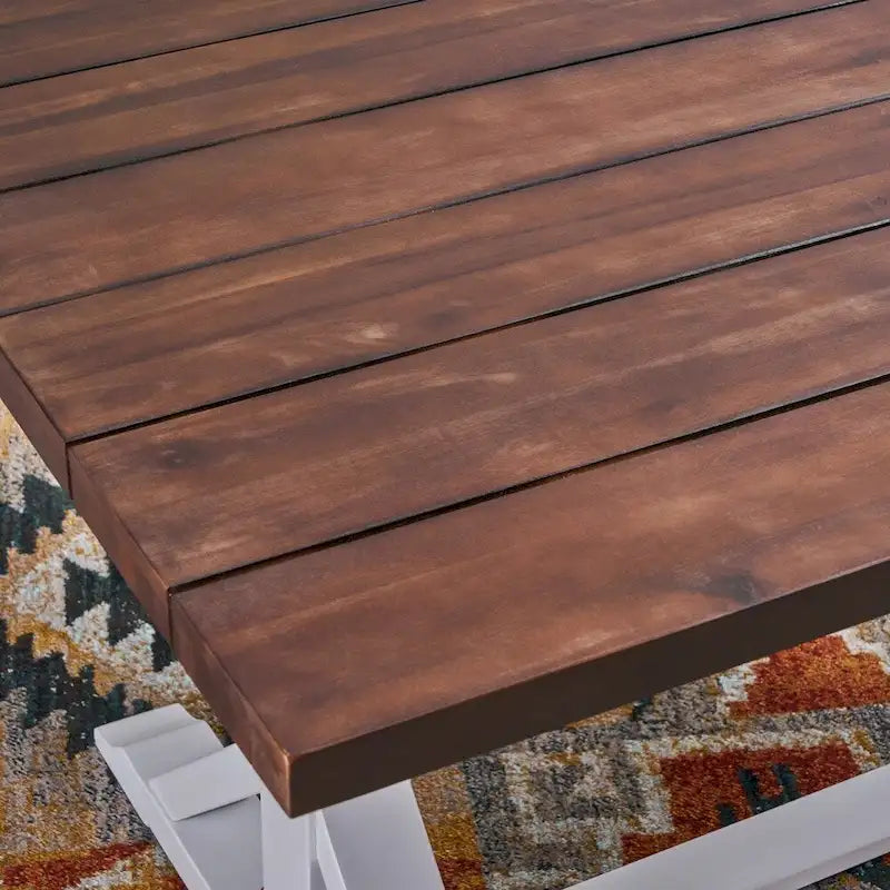 Table à manger traditionnelle de ferme en acacia massif marron foncé et blanc