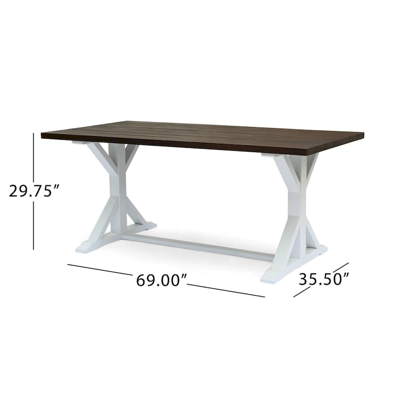 Table à manger traditionnelle de ferme en acacia massif marron foncé et blanc