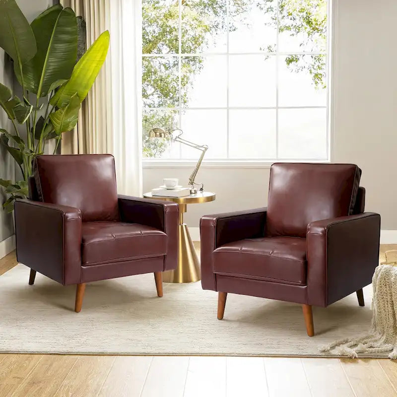 Fauteuil d'appoint en cuir véritable Mid-Century Modern avec pieds évasés en bois