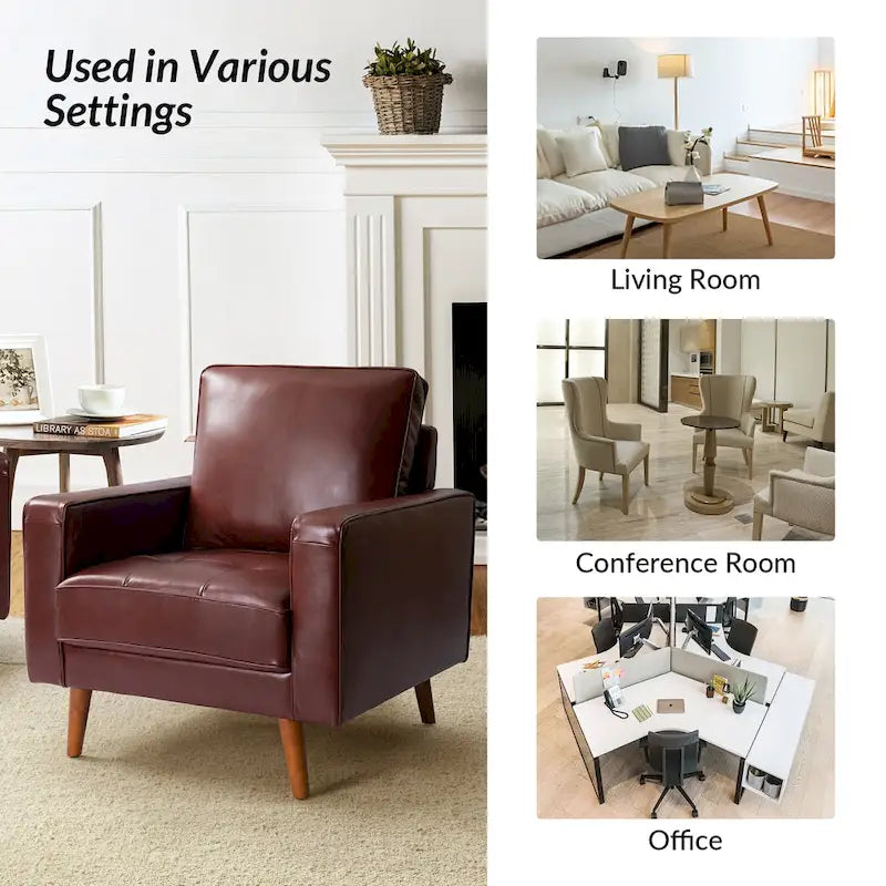 Fauteuil d'appoint en cuir véritable Mid-Century Modern avec pieds évasés en bois