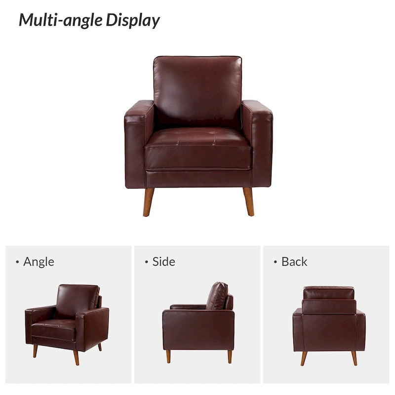 Fauteuil d'appoint en cuir véritable Mid-Century Modern avec pieds évasés en bois