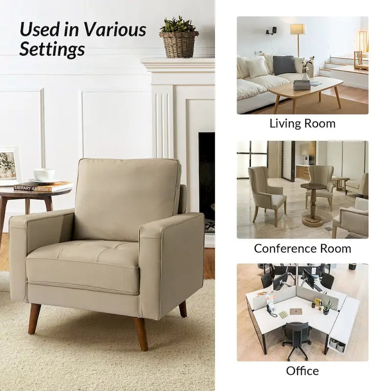 Fauteuil d'appoint en cuir véritable Mid-Century Modern avec pieds évasés en bois