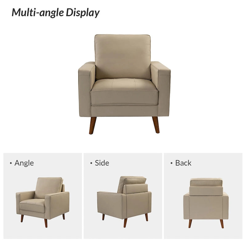 Fauteuil d'appoint en cuir véritable Mid-Century Modern avec pieds évasés en bois
