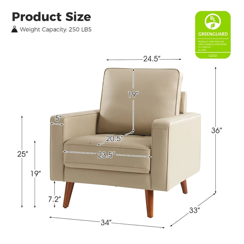 Fauteuil d'appoint en cuir véritable Mid-Century Modern avec pieds évasés en bois