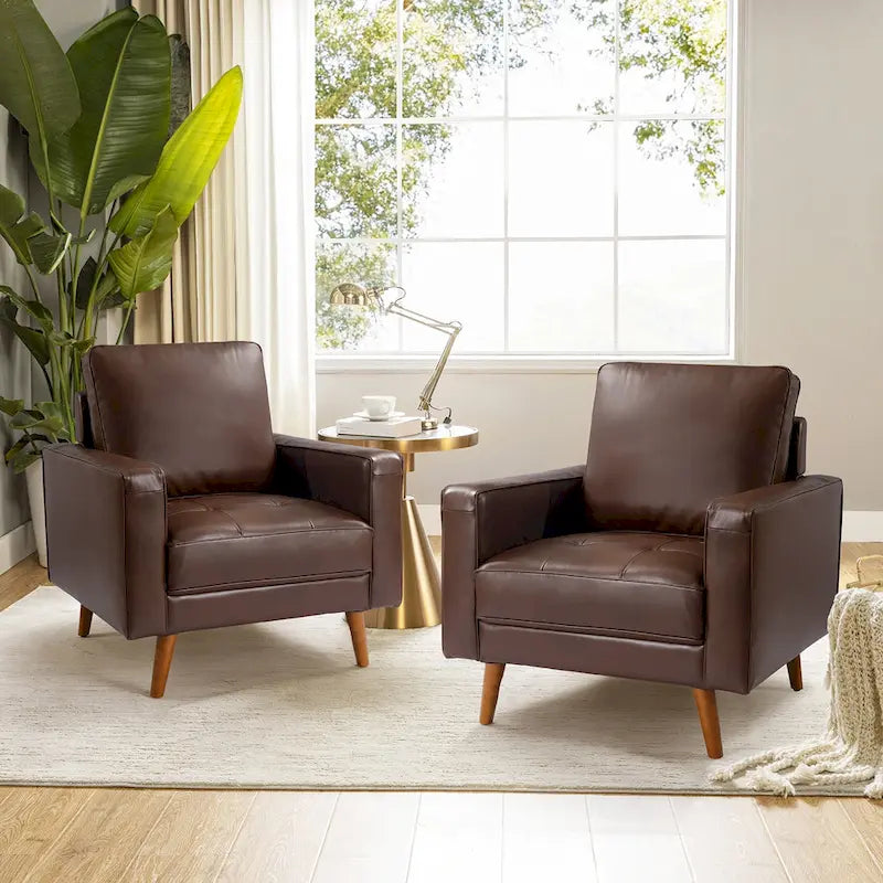 Fauteuil d'appoint en cuir véritable Mid-Century Modern avec pieds évasés en bois