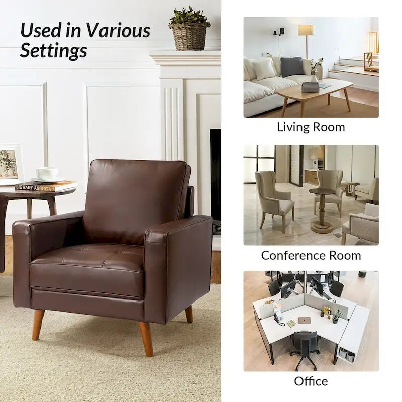 Fauteuil d'appoint en cuir véritable Mid-Century Modern avec pieds évasés en bois