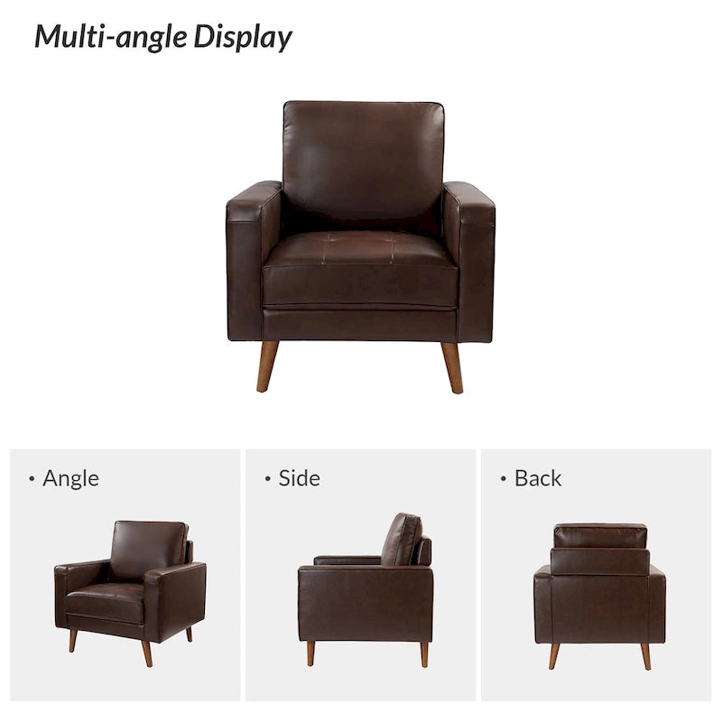 Fauteuil d'appoint en cuir véritable Mid-Century Modern avec pieds évasés en bois