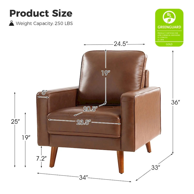 Fauteuil d'appoint en cuir véritable Mid-Century Modern avec pieds évasés en bois