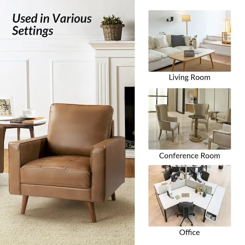 Fauteuil d'appoint en cuir véritable Mid-Century Modern avec pieds évasés en bois