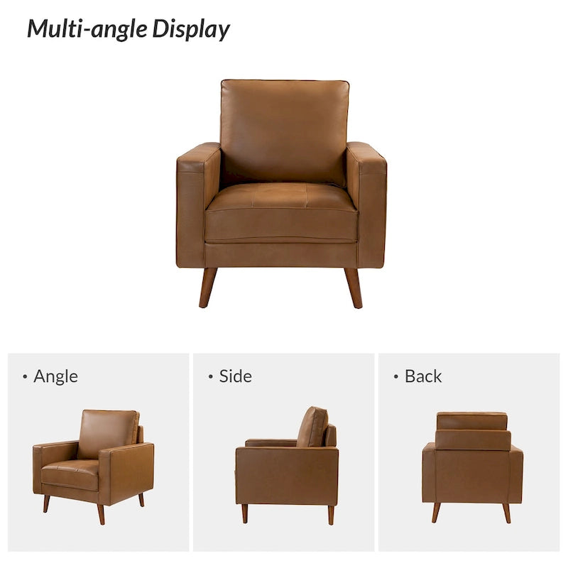 Fauteuil d'appoint en cuir véritable Mid-Century Modern avec pieds évasés en bois