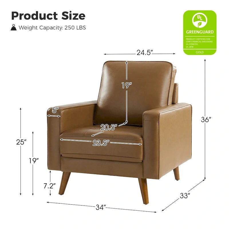 Fauteuil d'appoint en cuir véritable Mid-Century Modern avec pieds évasés en bois