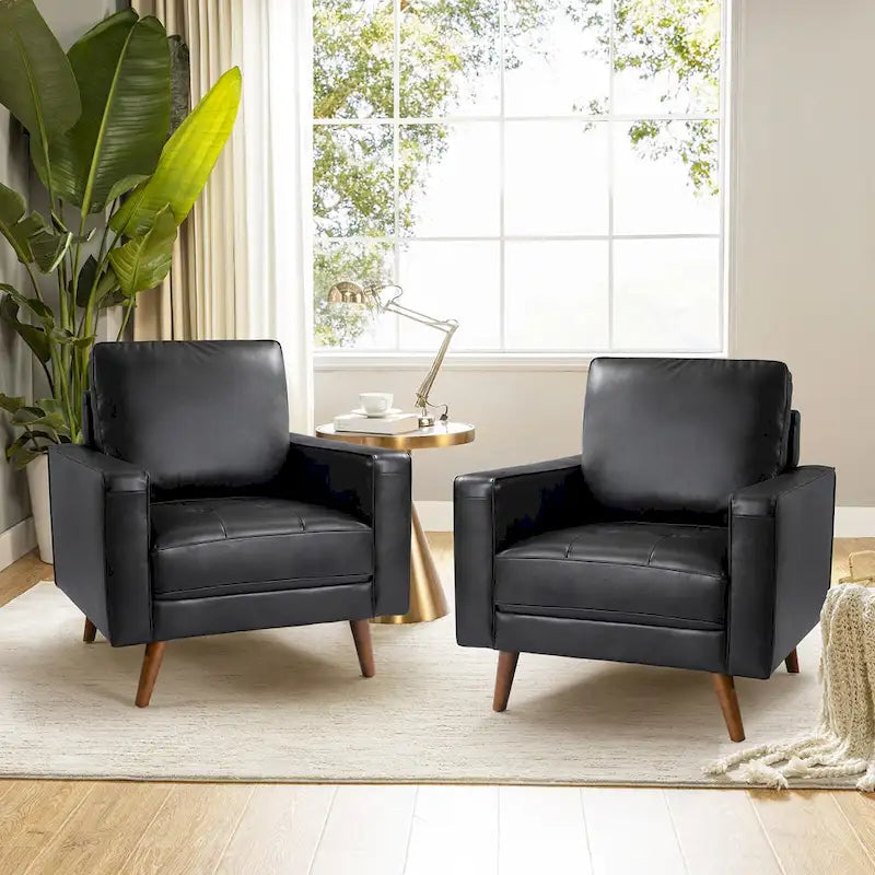 Fauteuil d'appoint en cuir véritable Mid-Century Modern avec pieds évasés en bois
