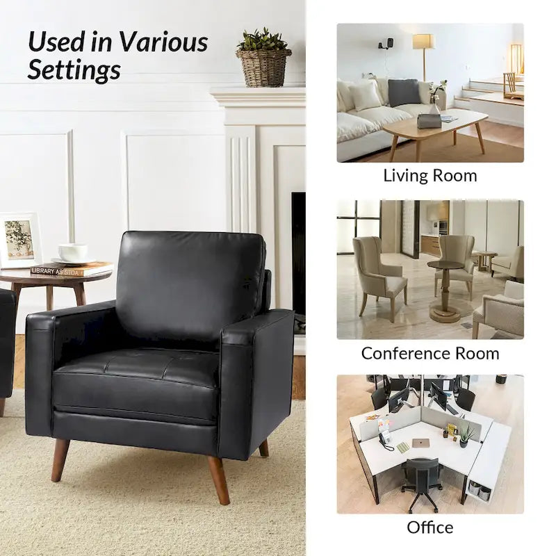 Fauteuil d'appoint en cuir véritable Mid-Century Modern avec pieds évasés en bois