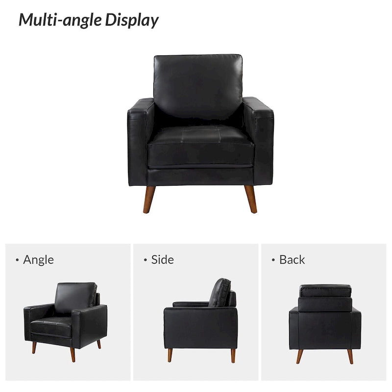 Fauteuil d'appoint en cuir véritable Mid-Century Modern avec pieds évasés en bois