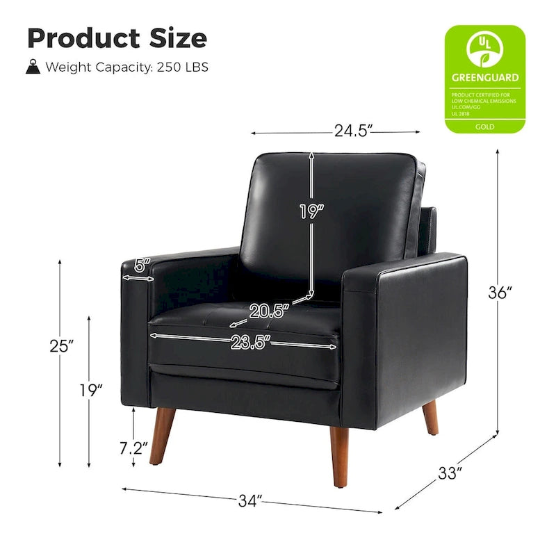 Fauteuil d'appoint en cuir véritable Mid-Century Modern avec pieds évasés en bois