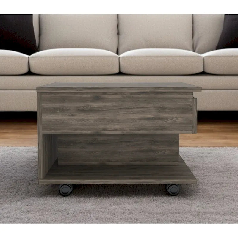 Table basse marron foncé à plateau relevable avec tiroir et roulettes