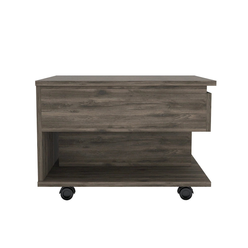 Table basse marron foncé à plateau relevable avec tiroir et roulettes