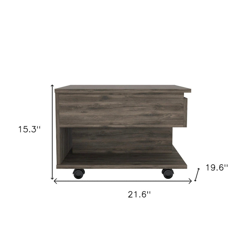 Table basse marron foncé à plateau relevable avec tiroir et roulettes