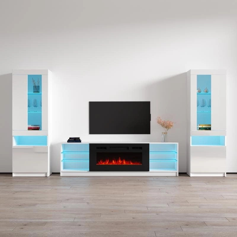 Meuble TV pour cheminée électrique avec lumières LED et étagères de rangement