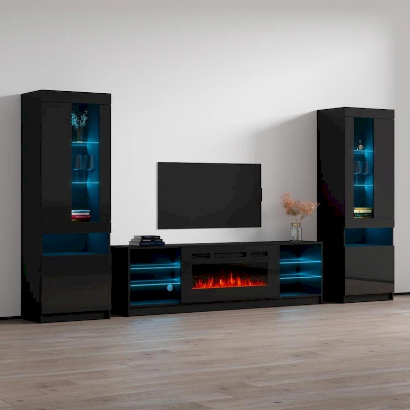 Meuble TV pour cheminée électrique avec lumières LED et étagères de rangement
