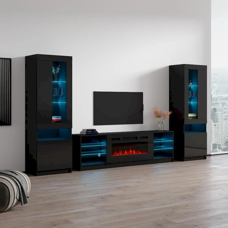 Meuble TV pour cheminée électrique avec lumières LED et étagères de rangement