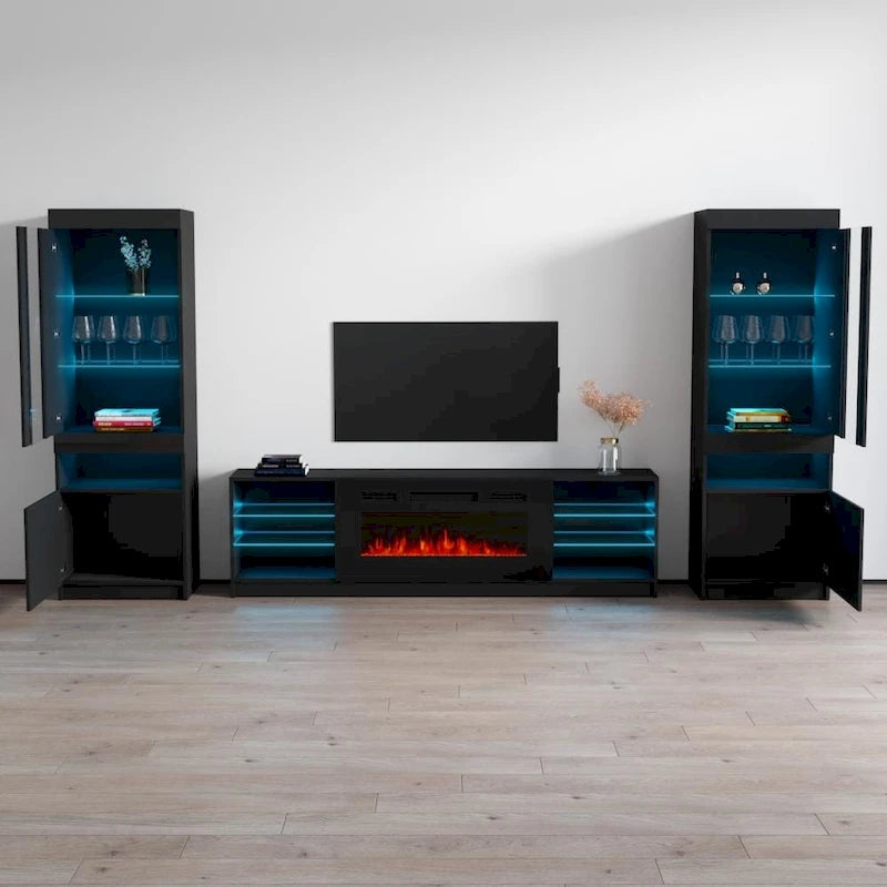 Meuble TV pour cheminée électrique avec lumières LED et étagères de rangement