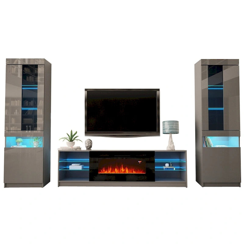 Meuble TV pour cheminée électrique avec lumières LED et étagères de rangement