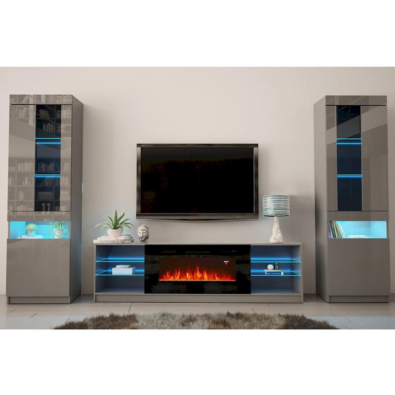 Meuble TV pour cheminée électrique avec lumières LED et étagères de rangement