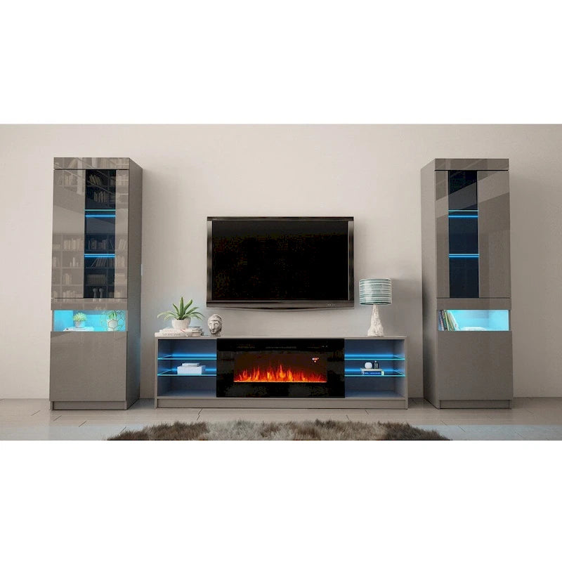 Meuble TV pour cheminée électrique avec lumières LED et étagères de rangement
