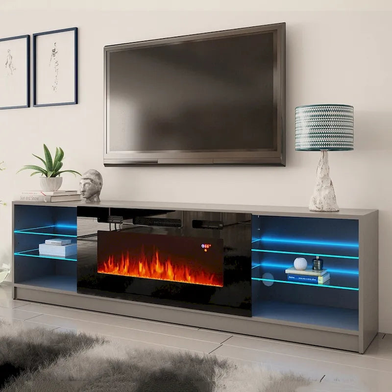 Meuble TV pour cheminée électrique avec lumières LED et étagères de rangement