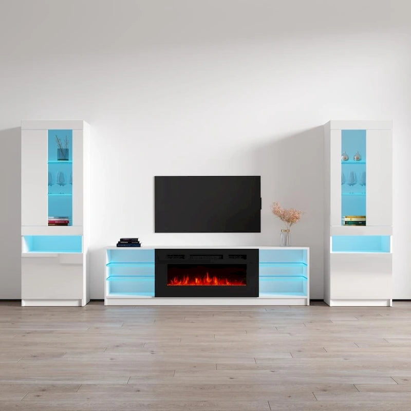 Meuble TV pour cheminée électrique avec lumières LED et étagères de rangement