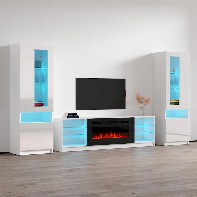 Meuble TV pour cheminée électrique avec lumières LED et étagères de rangement
