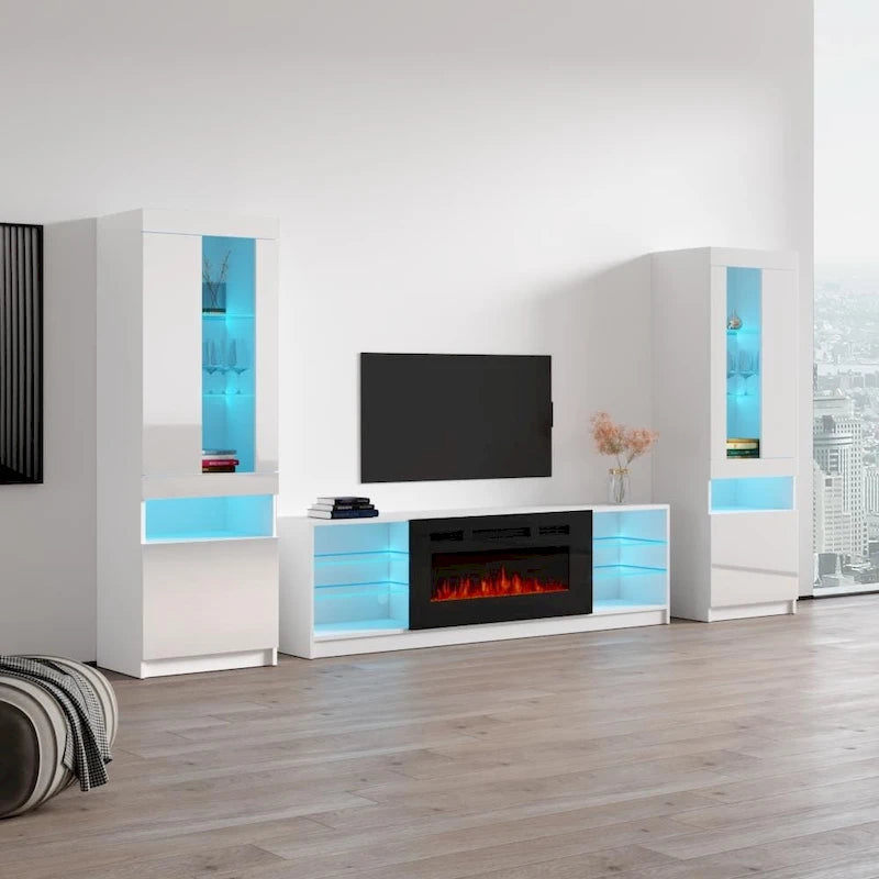 Meuble TV pour cheminée électrique avec lumières LED et étagères de rangement