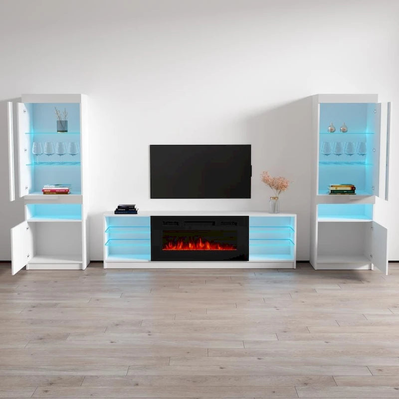Meuble TV pour cheminée électrique avec lumières LED et étagères de rangement