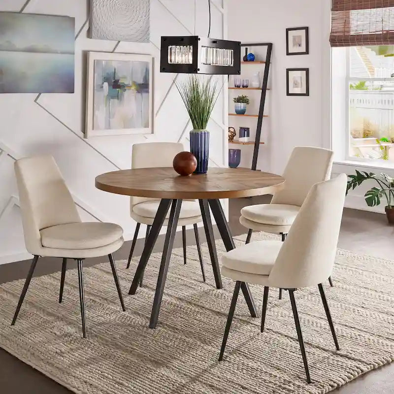 Table à manger Mid-Century Modern avec plateau rond en chêne et piètement en métal gris fer