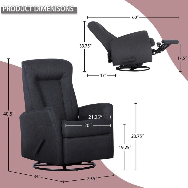 Fauteuil inclinable pivotant et coulissant de 29,5 po de largeur avec pivotant à 360 degrés, en tissu gris foncé
