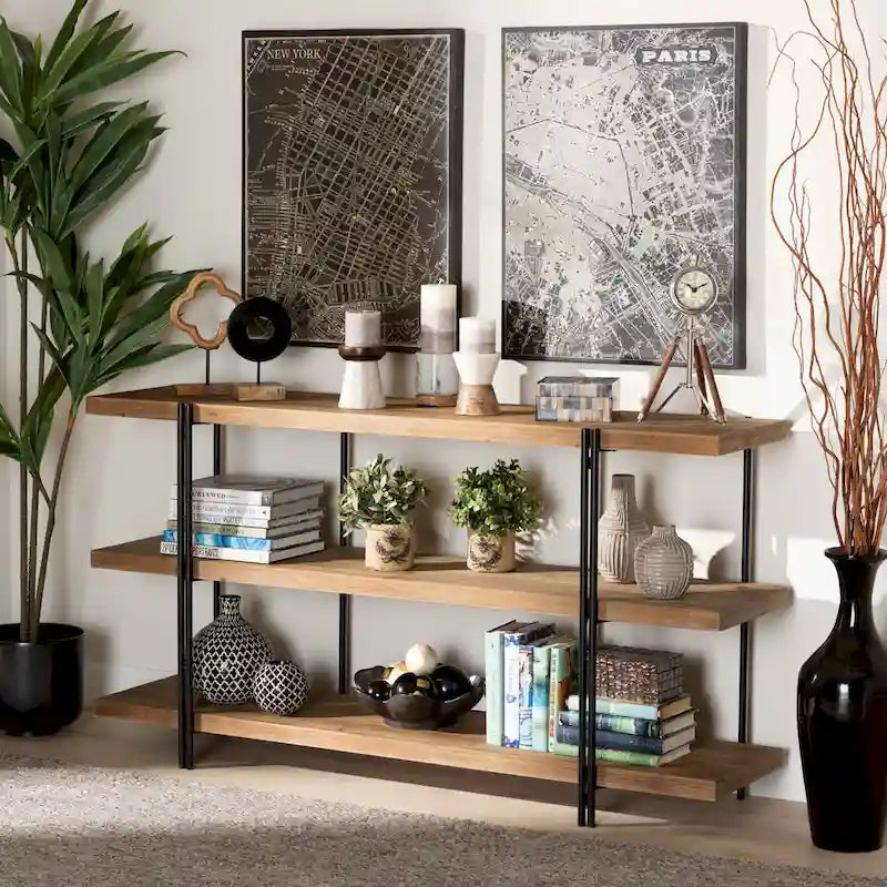 Console en bois marron et métal noir