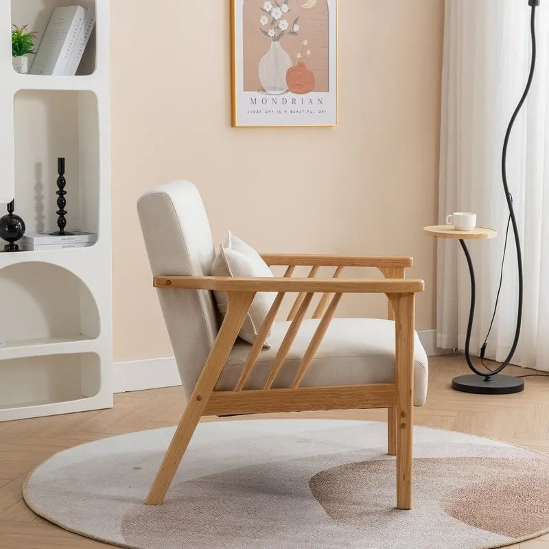 Fauteuil d'appoint rembourré en boucle en bois massif Mid-Century avec oreiller