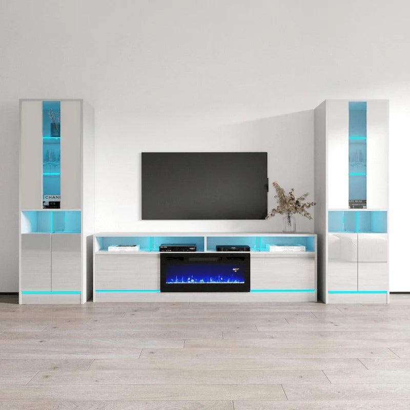 Meuble TV avec cheminée électrique, lumières LED, finition brillante, style moderne