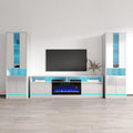 Meuble TV avec cheminée électrique, lumières LED, finition brillante, style moderne