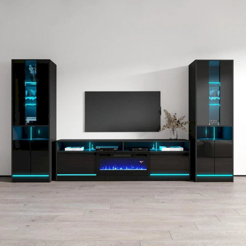 Meuble TV avec cheminée électrique, lumières LED, finition brillante, style moderne