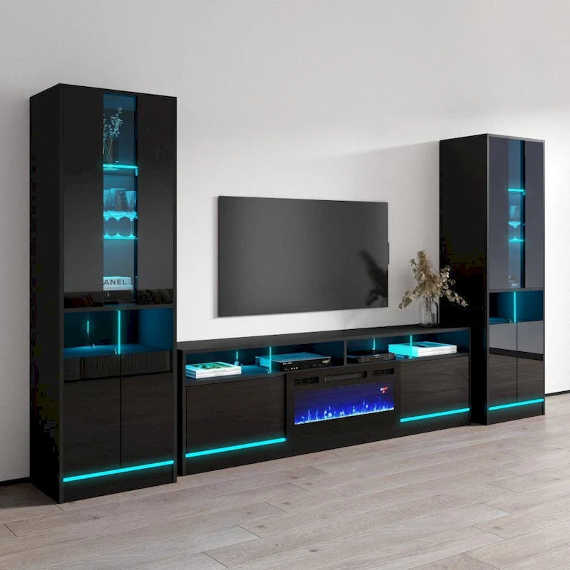 Meuble TV avec cheminée électrique, lumières LED, finition brillante, style moderne