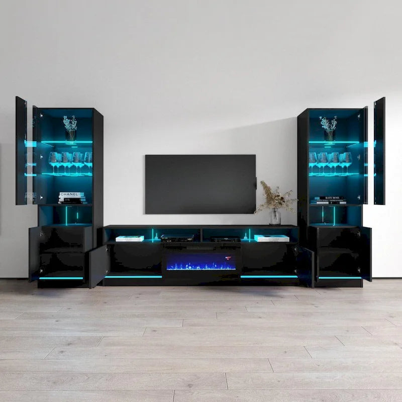 Meuble TV avec cheminée électrique, lumières LED, finition brillante, style moderne