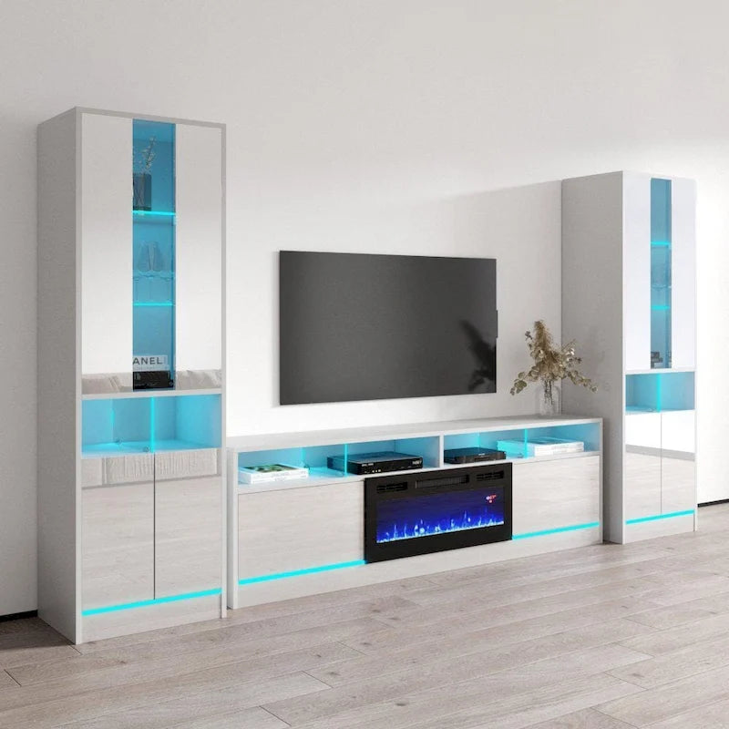 Meuble TV avec cheminée électrique, lumières LED, finition brillante, style moderne