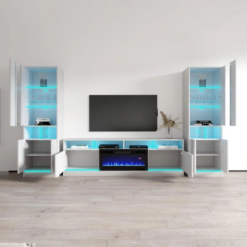 Meuble TV avec cheminée électrique, lumières LED, finition brillante, style moderne