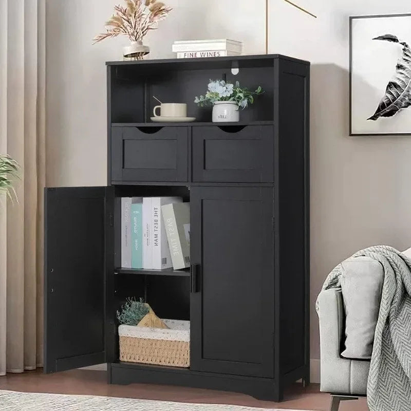 Meuble de Rangement au Sol avec 2 Portes, Étagère Ouverte et 2 Tiroirs