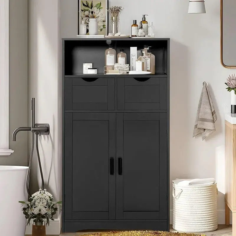 Meuble de Rangement au Sol avec 2 Portes, Étagère Ouverte et 2 Tiroirs